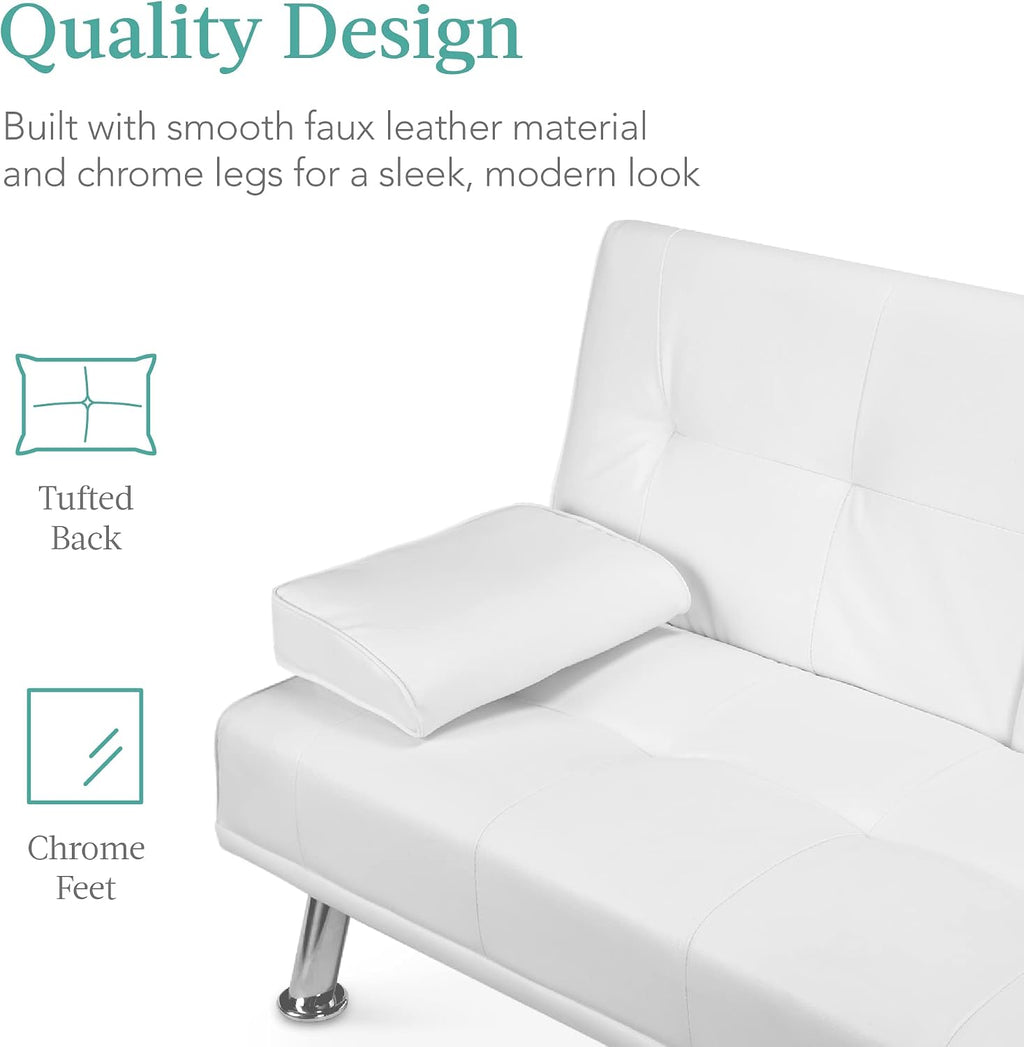 Best Choice Products Faux Leather Upholstered Modern Convertible Futon, Adjustable Folding Sofa Bed, Guest Bed w/Removable Armrests - White