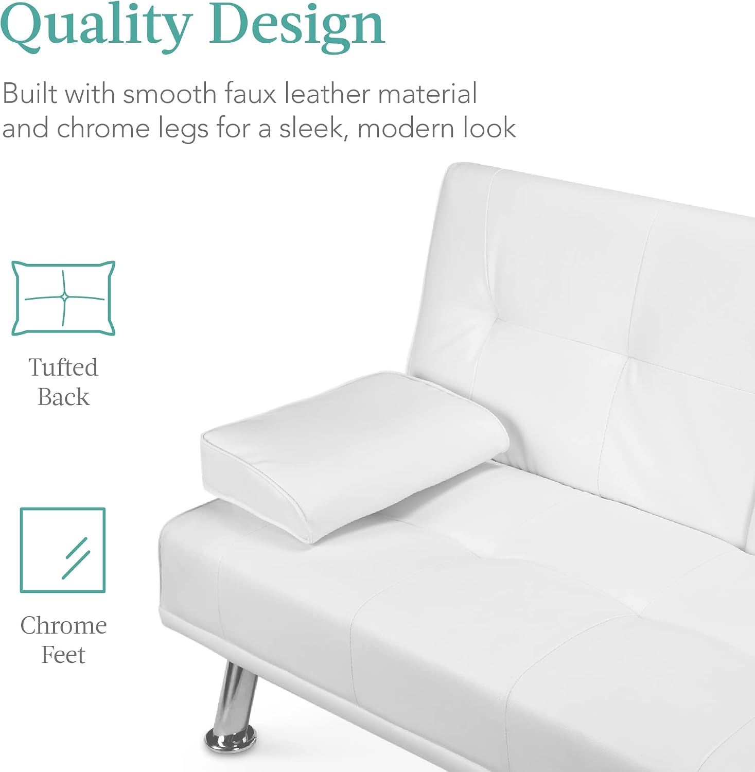 Best Choice Products Faux Leather Upholstered Modern Convertible Futon, Adjustable Folding Sofa Bed, Guest Bed w/Removable Armrests - White