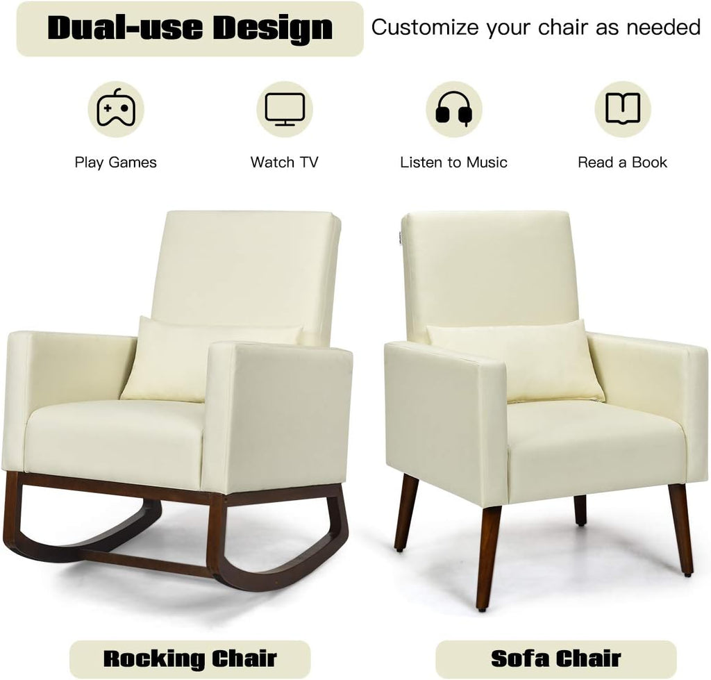 Giantex Set of 2 Rocking Chair Fabric High Back Armchair with Waist Pillow,Wooden Tapered & Rocking Dual Legs Multifunctional Upholstered Accent Chair for Nursery, Living Room, Bedroom Rocker,Beige