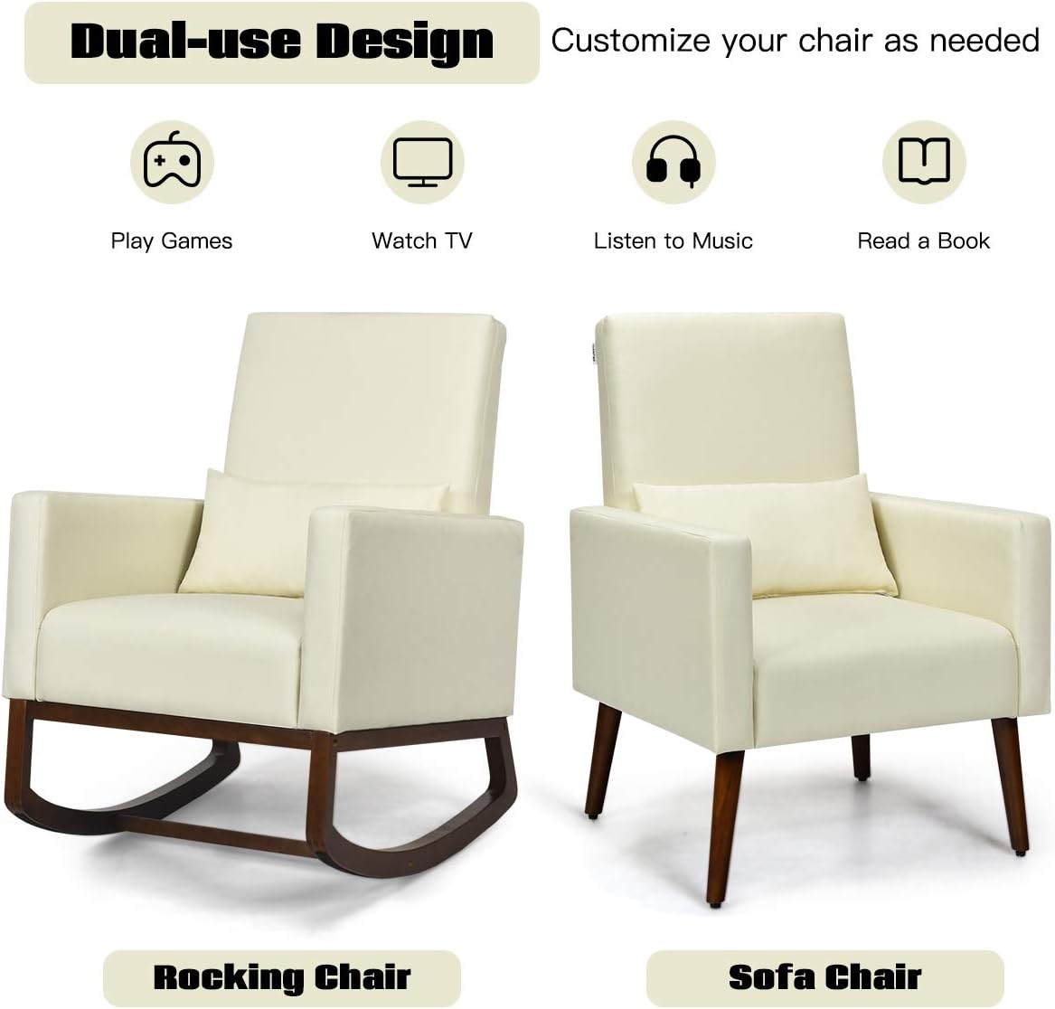 Giantex Set of 2 Rocking Chair Fabric High Back Armchair with Waist Pillow,Wooden Tapered & Rocking Dual Legs Multifunctional Upholstered Accent Chair for Nursery, Living Room, Bedroom Rocker,Beige