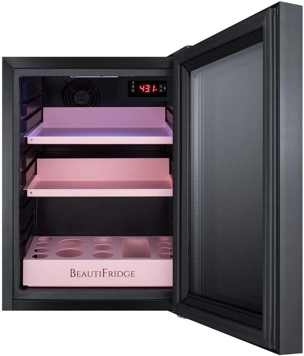 Summit Appliance LX114LPT1 BeautiFridge Compact Cosmetics Cooler, 0.85 cu.ft Capacity, 14' Wide, Automatic Defrost, LED lighting, Factory Installed Lock, Adjustable Shelves In A Matte Blush Finish
