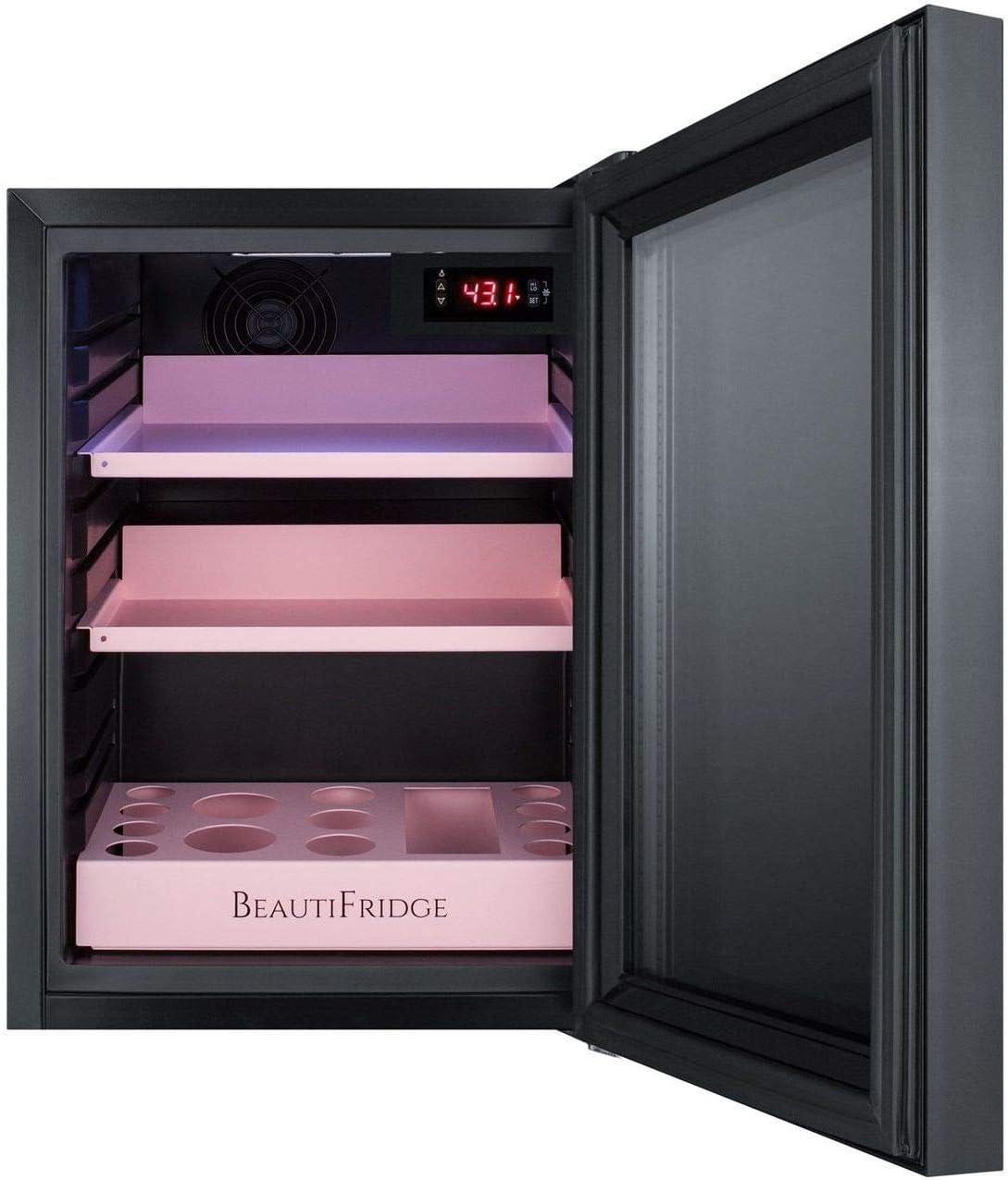 Summit Appliance LX114LPT1 BeautiFridge Compact Cosmetics Cooler, 0.85 cu.ft Capacity, 14' Wide, Automatic Defrost, LED lighting, Factory Installed Lock, Adjustable Shelves In A Matte Blush Finish