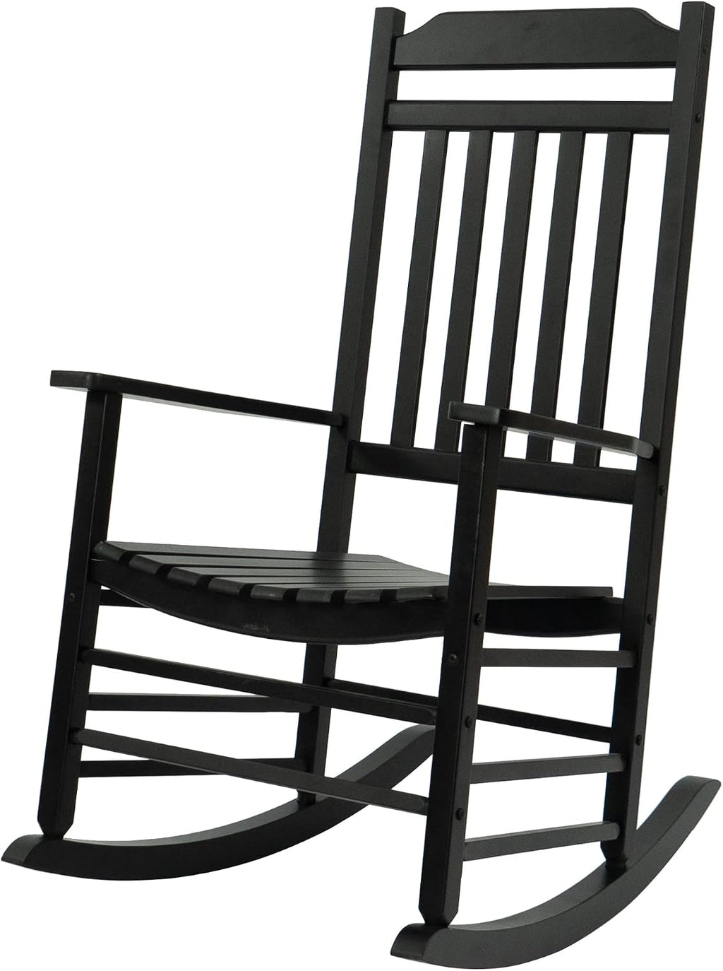 Kozyard Wooden Rocking Chair, Solid Wood Outdoor Rocker Chair with High Back & Slatted Seat, Ergonomic Porch Rocking Chair for Patio, Balcony, Garden, Indoor Outdoor Use (Black)