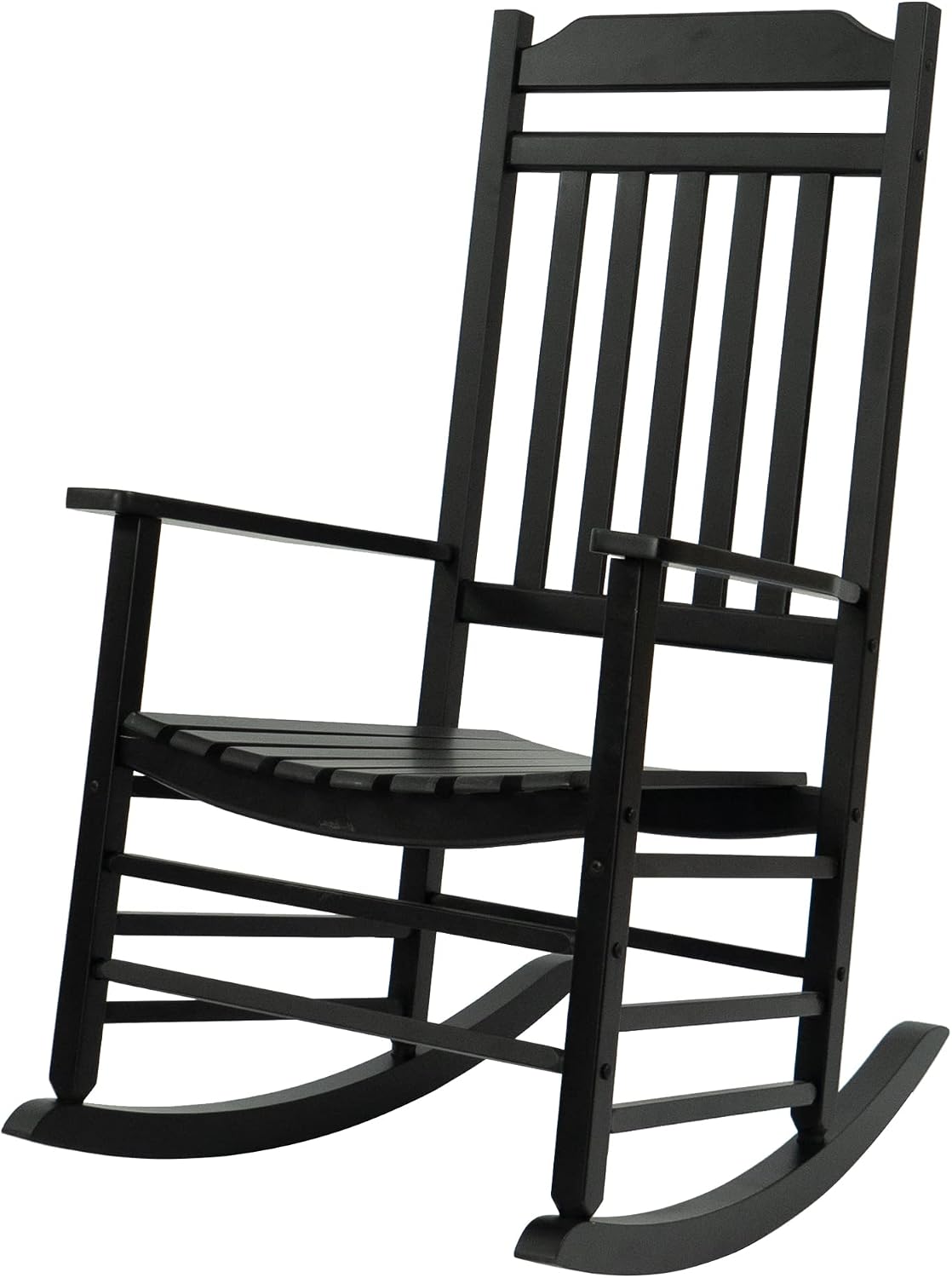 Kozyard Wooden Rocking Chair, Solid Wood Outdoor Rocker Chair with High Back & Slatted Seat, Ergonomic Porch Rocking Chair for Patio, Balcony, Garden, Indoor Outdoor Use (Black)