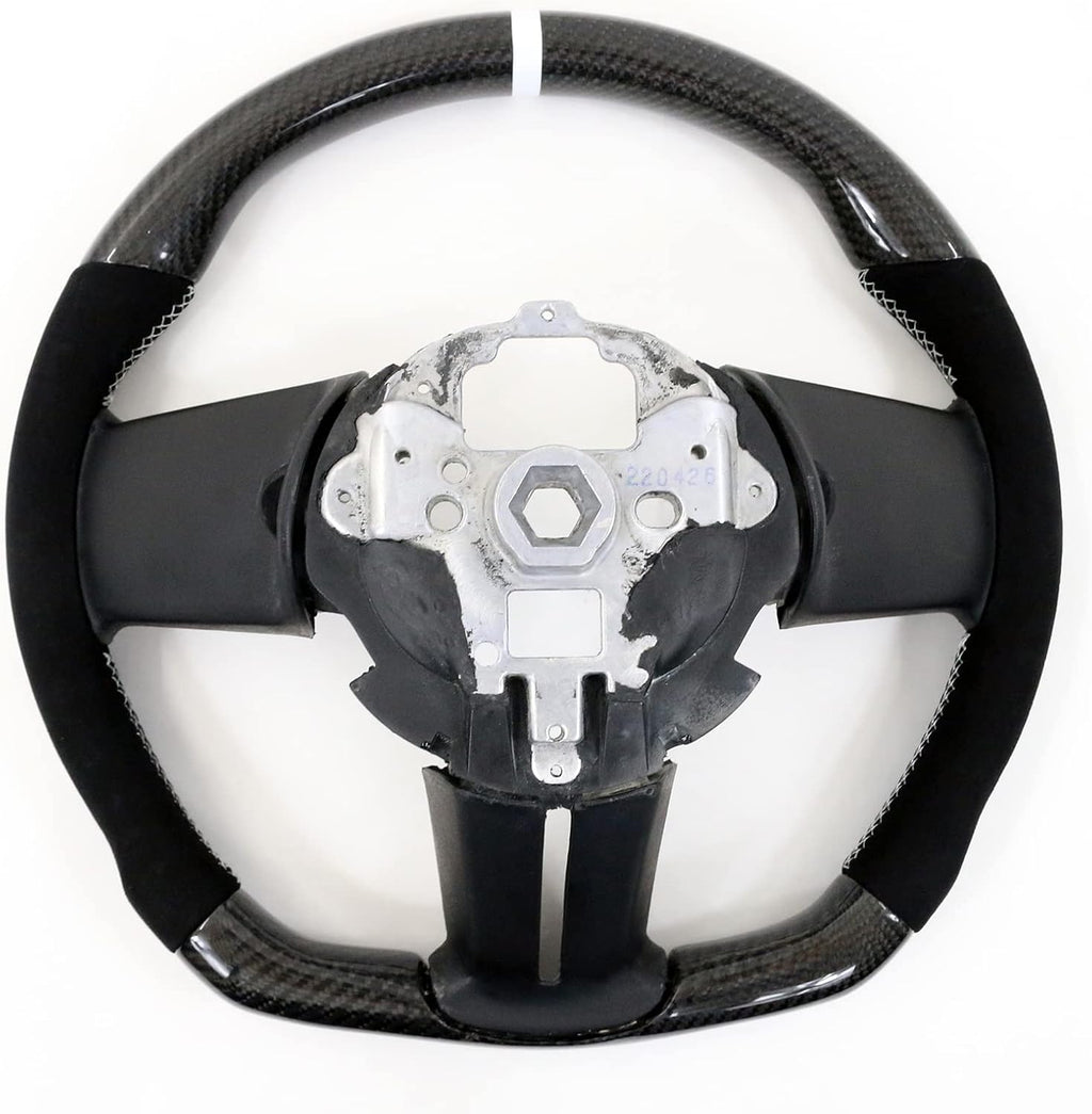 IKON MOTORSPORTS, Steering Wheel Compatible with 2010-2014 Ford Mustang, Steering Wheel Bodykit Replacement Carbon Fiber & Synthetic Suede White Stitch & Indicator, 2011 2012 2013
