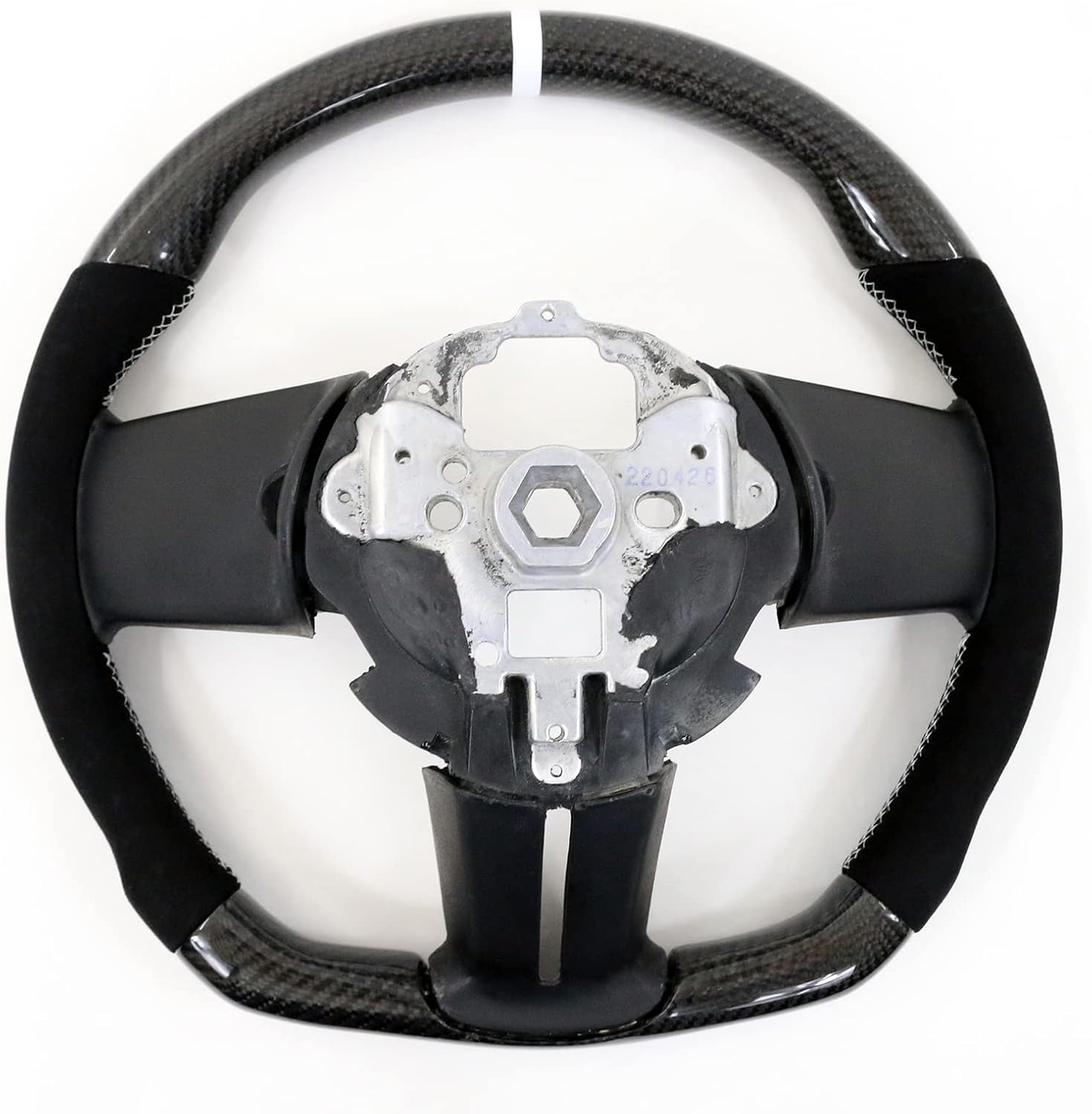 IKON MOTORSPORTS, Steering Wheel Compatible with 2010-2014 Ford Mustang, Steering Wheel Bodykit Replacement Carbon Fiber & Synthetic Suede White Stitch & Indicator, 2011 2012 2013