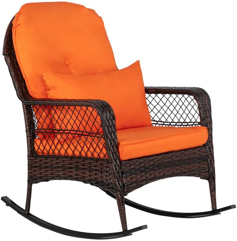 Outdoor Wicker Rocking Chair, Patio Rattan Rocker Chair with Cushions & Steel Frame, All-Weather Rocking Lawn Wicker Furniture for Garden Backyard Porch