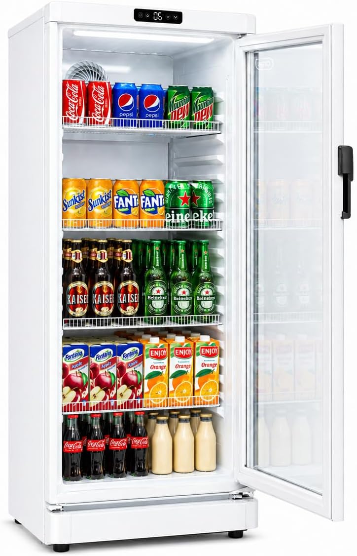GRS Commercial Display Refrigerator with Glass Door Lock | Cool Air Flow & Temperature | Beverage fridge, Drink and Wine Cooler with Adjustable Display Shelf for Stores and Bars | Silver, 7.1 Cu. Ft