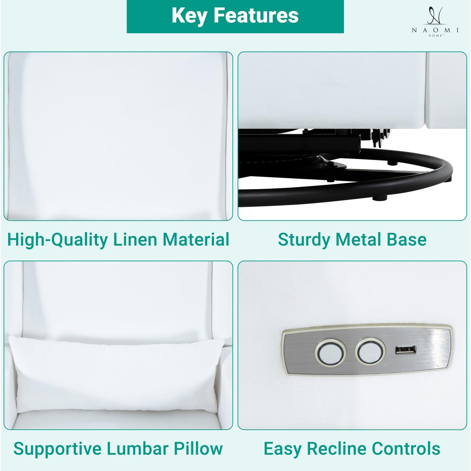 Naomi Home Tanya Luxury Motion Recliner Chair, Bright White – Plush Upholstered Glider Rocker with USB Charging, Swivel, and Lumbar Support for Nursery Comfort, 275 lbs Capacity