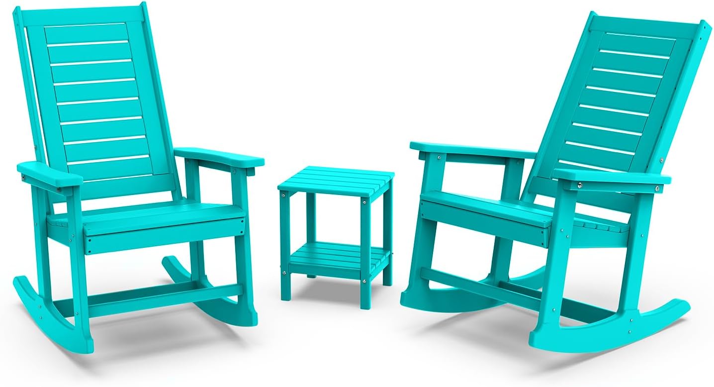 GREENVINES Outdoor Rocking Chair Set | 3-Piece | 2 Rocking Chairs with 1 Side Table | Porch Rocker | HDPE Plastic | Aqua | Patio Furniture Sets | High Back | Big & Tall | Ladder Back