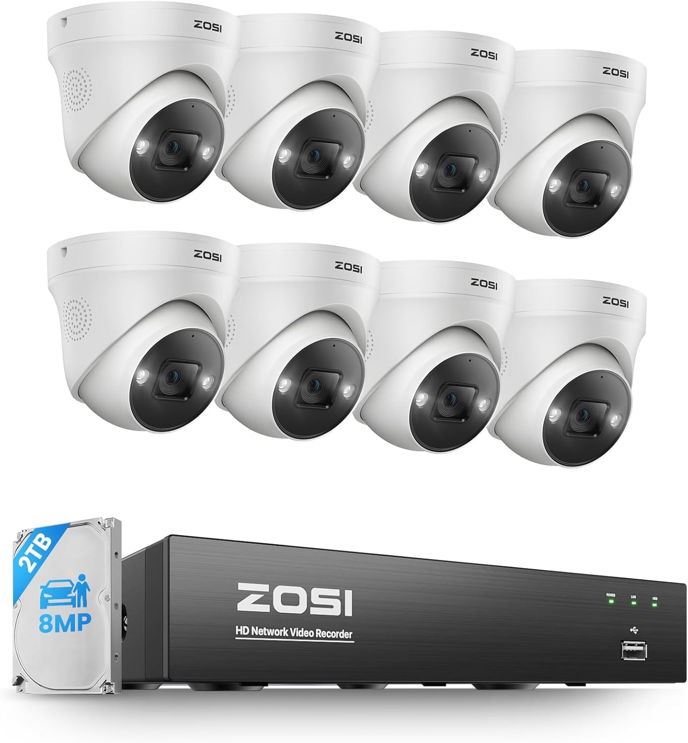 ZOSI 4K POE CCTV Security Camera System,8pcs 4K POE Camera with AI Person Vehicle Detection, 8 Ports 16CH 8MP NVR with 2TB HDD for 24/7 Recording,Color Night Vision, Sound Light Alarm, Two-Way Audio