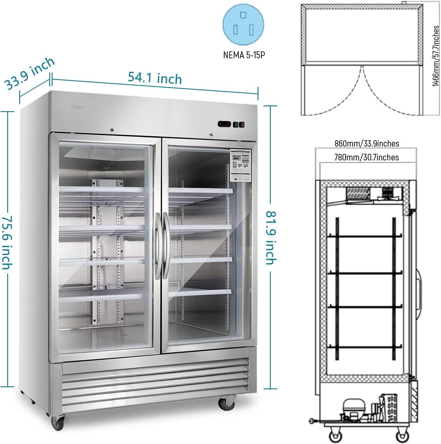 JINSONG Commercial Beverage Fridge Display Refrigerator, 54' Wide, Glass Door Refrigerator, Stainless Steel Beverage Cooler with LED Lighting & 8 Shelves for Restaurant, Office, Shop, Bar, 49 Cu.ft