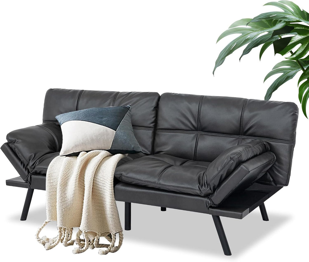 MUUEGM Futon Convertible Sofa Bed, Memory Foam Sleeper Couch,Modern Loveseat for Living Room,Adjustable Armrests Backrest Sofabed,Matte Black,Faux Leather.