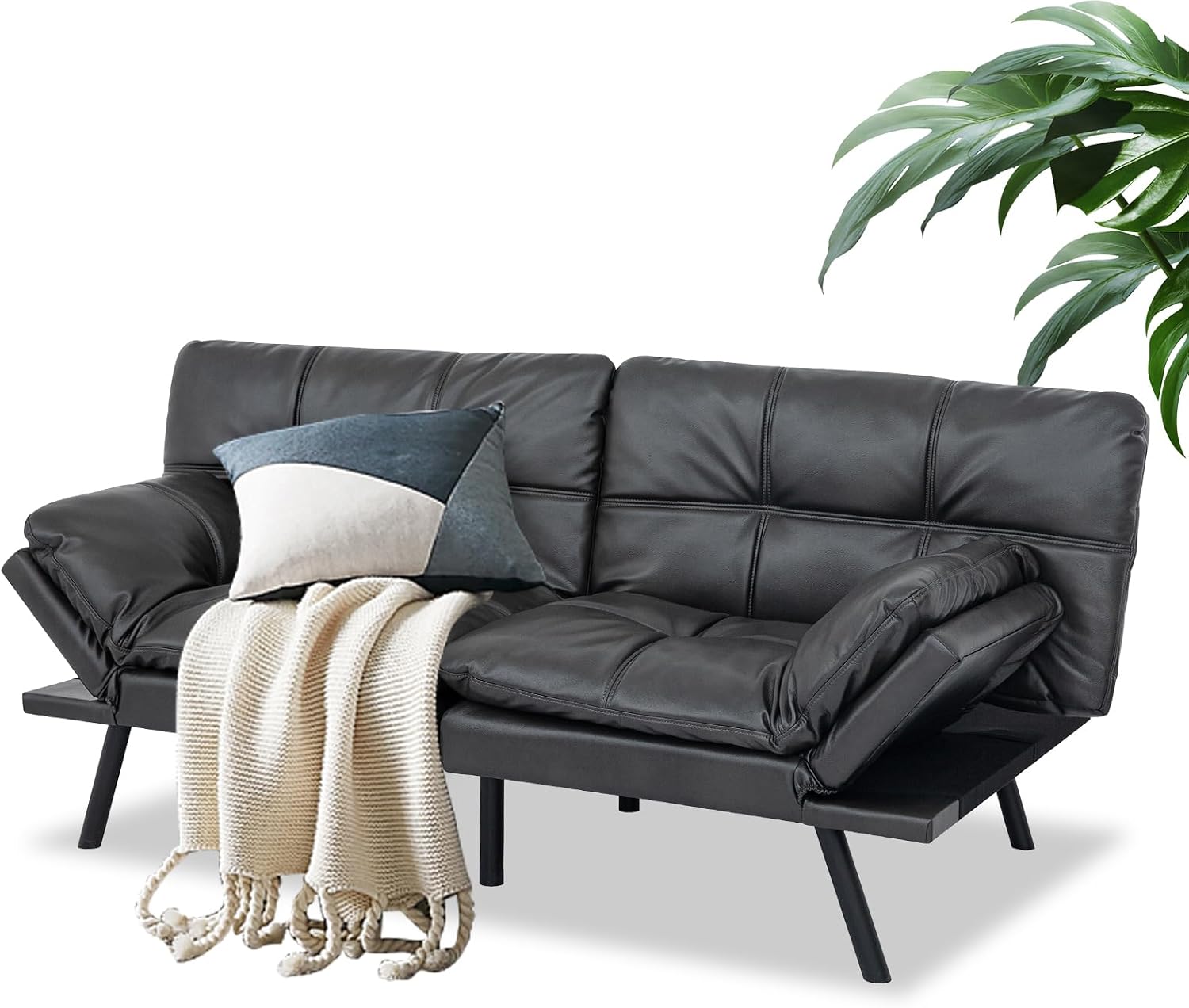 MUUEGM Futon Convertible Sofa Bed, Memory Foam Sleeper Couch,Modern Loveseat for Living Room,Adjustable Armrests Backrest Sofabed,Matte Black,Faux Leather.