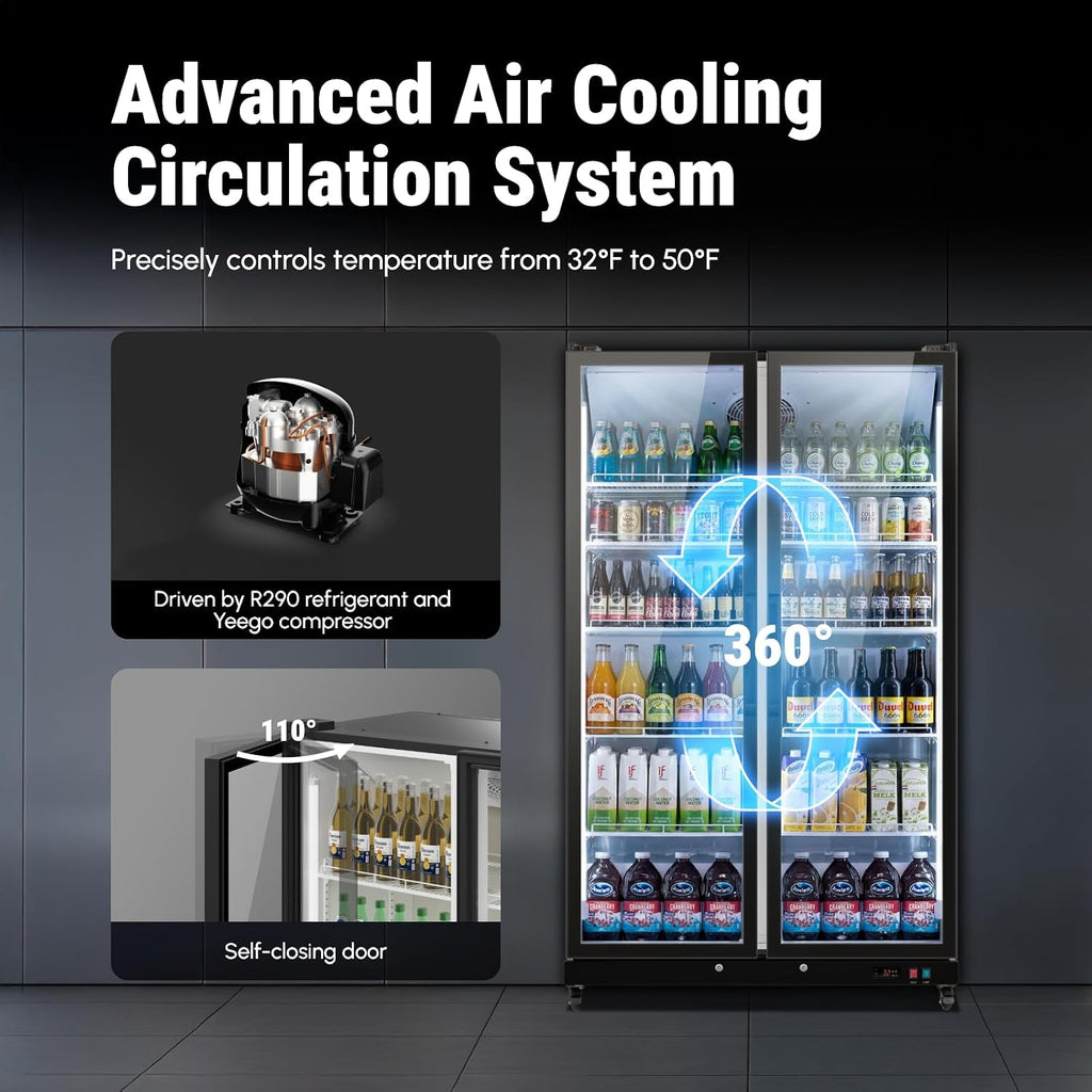 Yeego Commercial Refrigerators - 27.1 Cu.Ft 2 Glass Doors Commercial Beverage Refrigerator with LED Light & Adjustable Shelves, 32-50°F Commercial Cooler for Stores Bakery Bar Offices Restaurants