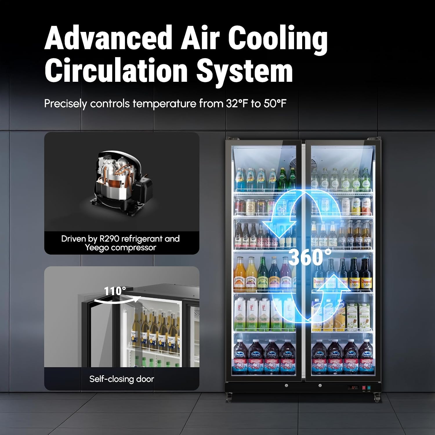Yeego Commercial Refrigerators - 27.1 Cu.Ft 2 Glass Doors Commercial Beverage Refrigerator with LED Light & Adjustable Shelves, 32-50°F Commercial Cooler for Stores Bakery Bar Offices Restaurants