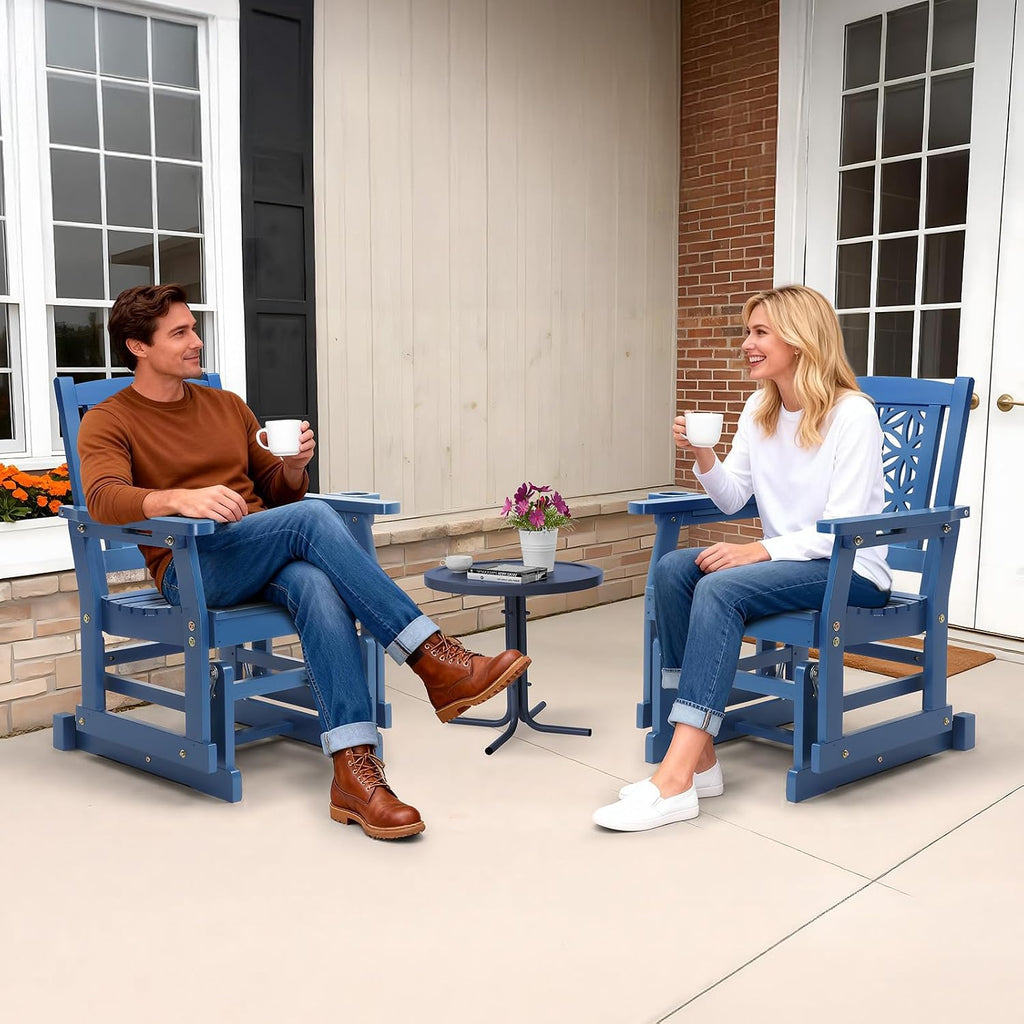 VINGLI Outdoor Glider for Adults, Patio Glider with Cup Holder, Wooden Glider Rocker with Floral Back for Garden, Yard, Patio, Blue