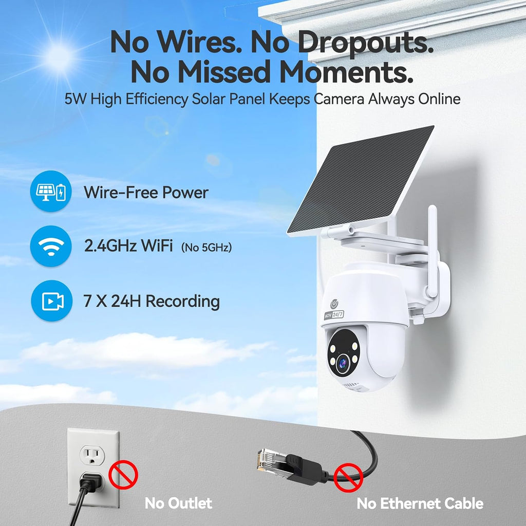 MUBVIEW 24/7 Continuous Recording Wireless Outdoor Security Camera, 2.4G WiFi, 2K Solar Powered, 360° PTZ, Auto Tracking, SD Included, Optional Cloud Storage, AI Detection, Night Vision(White,2 Packs)