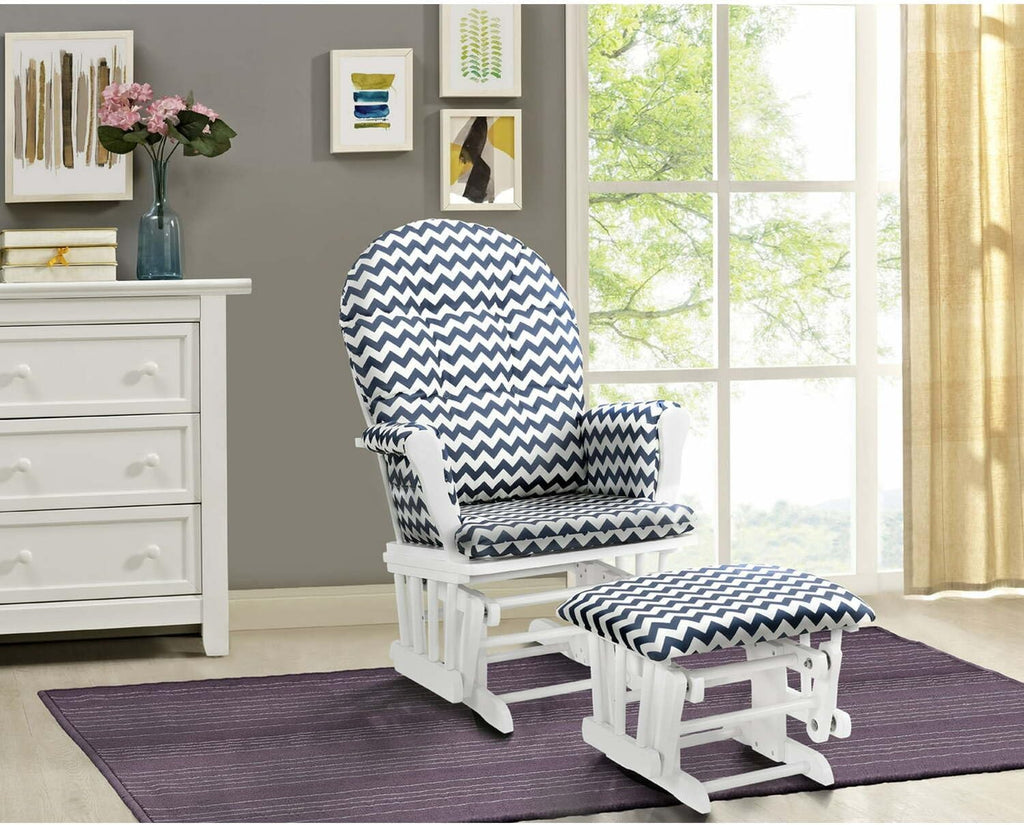 HomeStock Glider and Ottoman Set - Padded Arms, Storage Pockets, Metal Bearings White and Navy Chevron