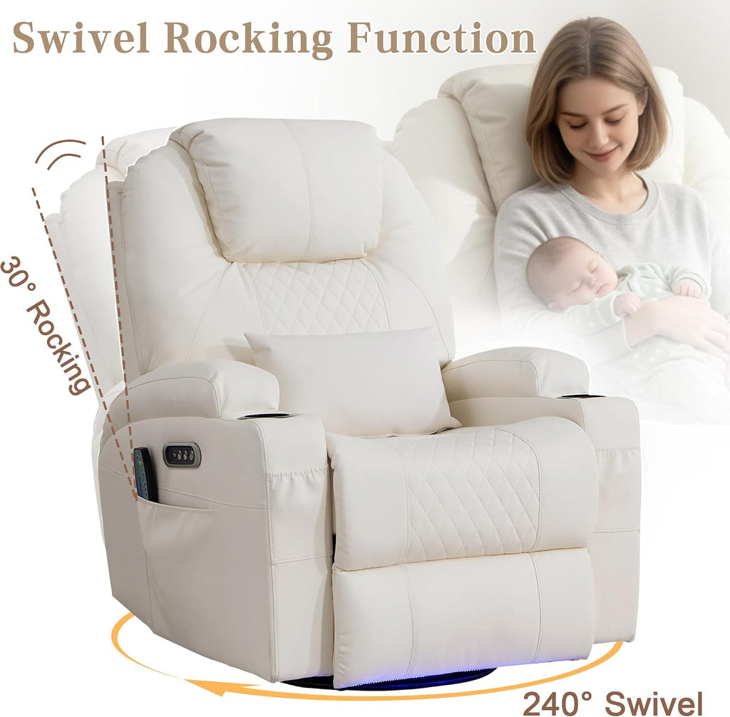AHMED Rocking Recliner Nursery Chair, Dual Motor Power Swivel Glider Recliner with Heat & Massage, Nursery Recliner Chair with USB A/C Ports, Cup Holders & LED Light for Living Room & Bedroom, Beige