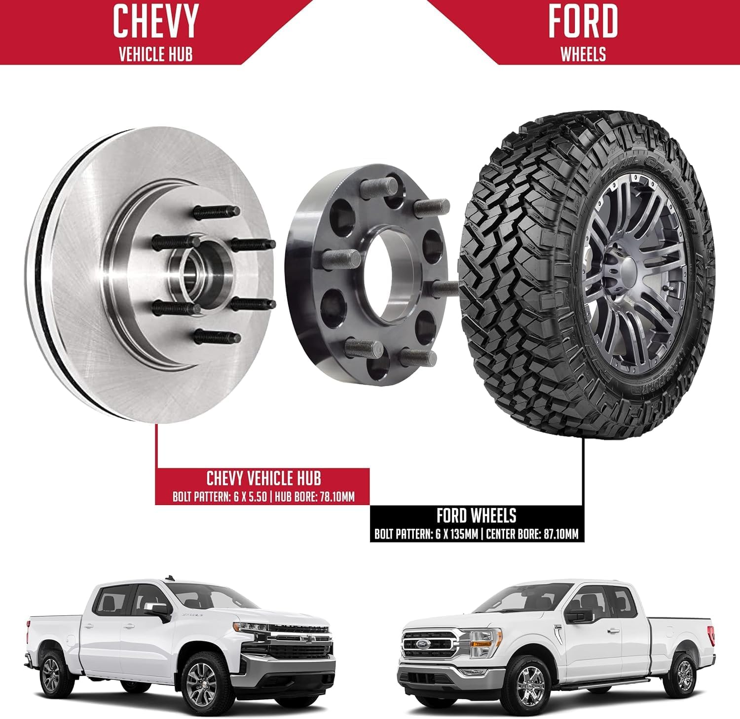 Wheel Accessories Parts 4 Pcs Hub Centric Wheel Spacers 6x5.5 6x139.7mm 1.25 Inch Thick 78.1mm Hub M14x1.5 14x1.5 Thread Stud Fits Adapts Ford F150 Wheels to Chevy GMC 1500 Vehicles