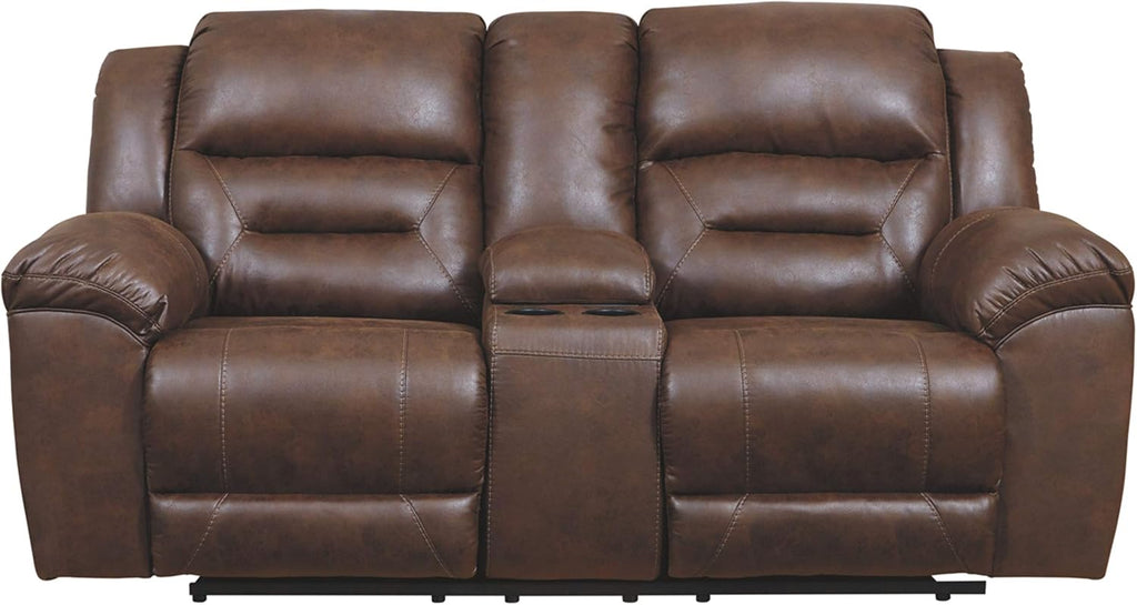 Signature Design by Ashley Stoneland Faux Leather Power Double Reclining Loveseat with Center Console, Dark Brown