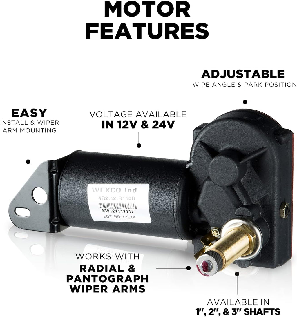 Windshield-Wiper Motor - 4R2.12.R110D Standard Replacement Motor Crosses with Wexco, WWF12C18 Series, Ongaro 30991, Grainger 2YPZ6 - 12V, 2.5' Shaft