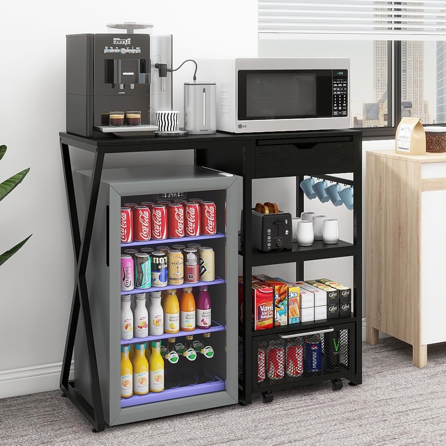PUNCIA Coffee Bar Cabinet with Mini Fridge Space, Mini Fridge Stand with Power Outlet and Drawer, Wine Refrigerator Stand with Work Platform, Microwave Oven Rack for Dorm, Home Kitchen, Black