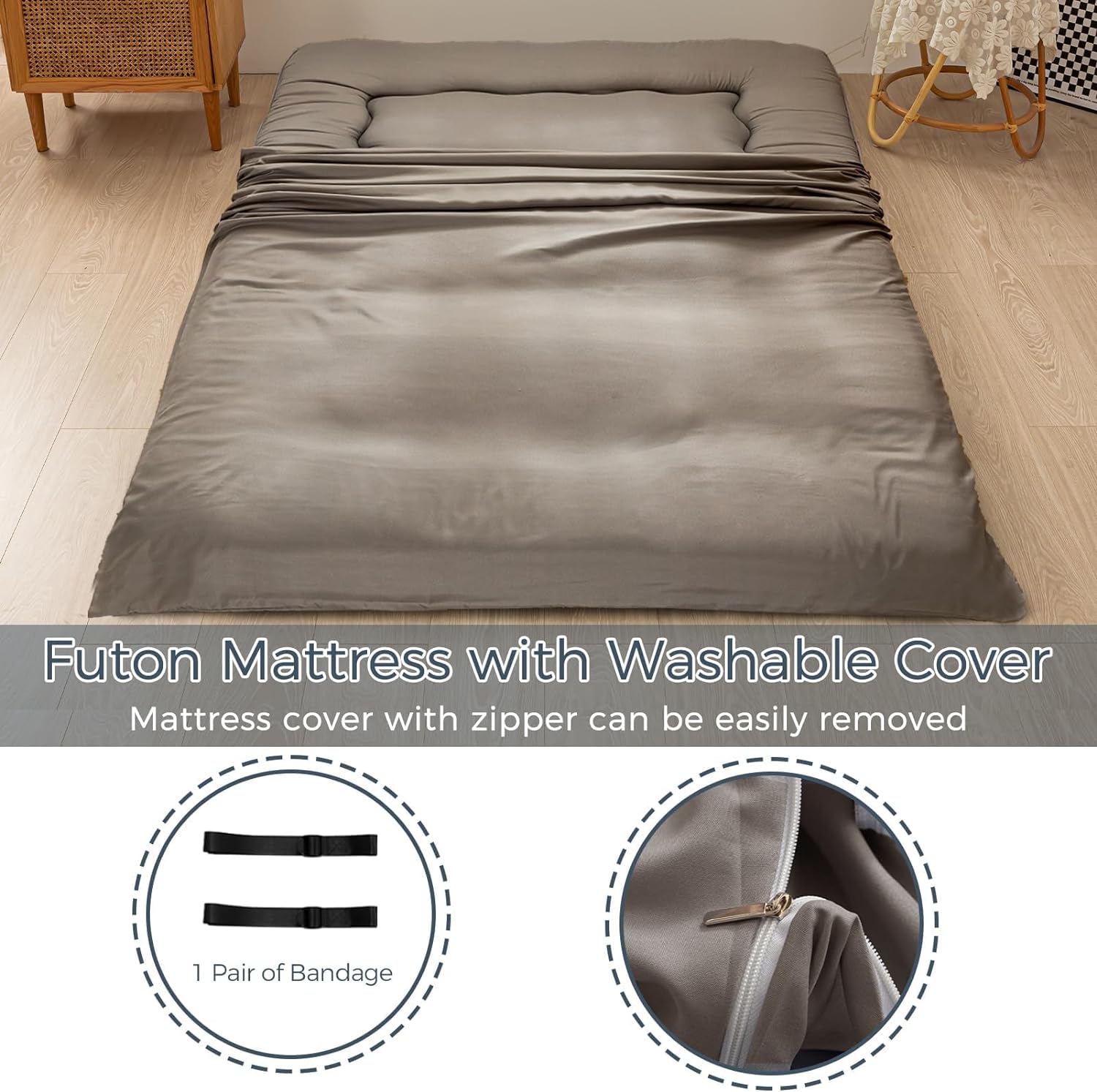 MAXYOYO 6' Extra Thick Japanese Floor Mattress Futon Mattress, Foldable Tatami Pad for Adults, Roll Up Floor Mat for Living Room Guest Room RV, Dark Grey, Full