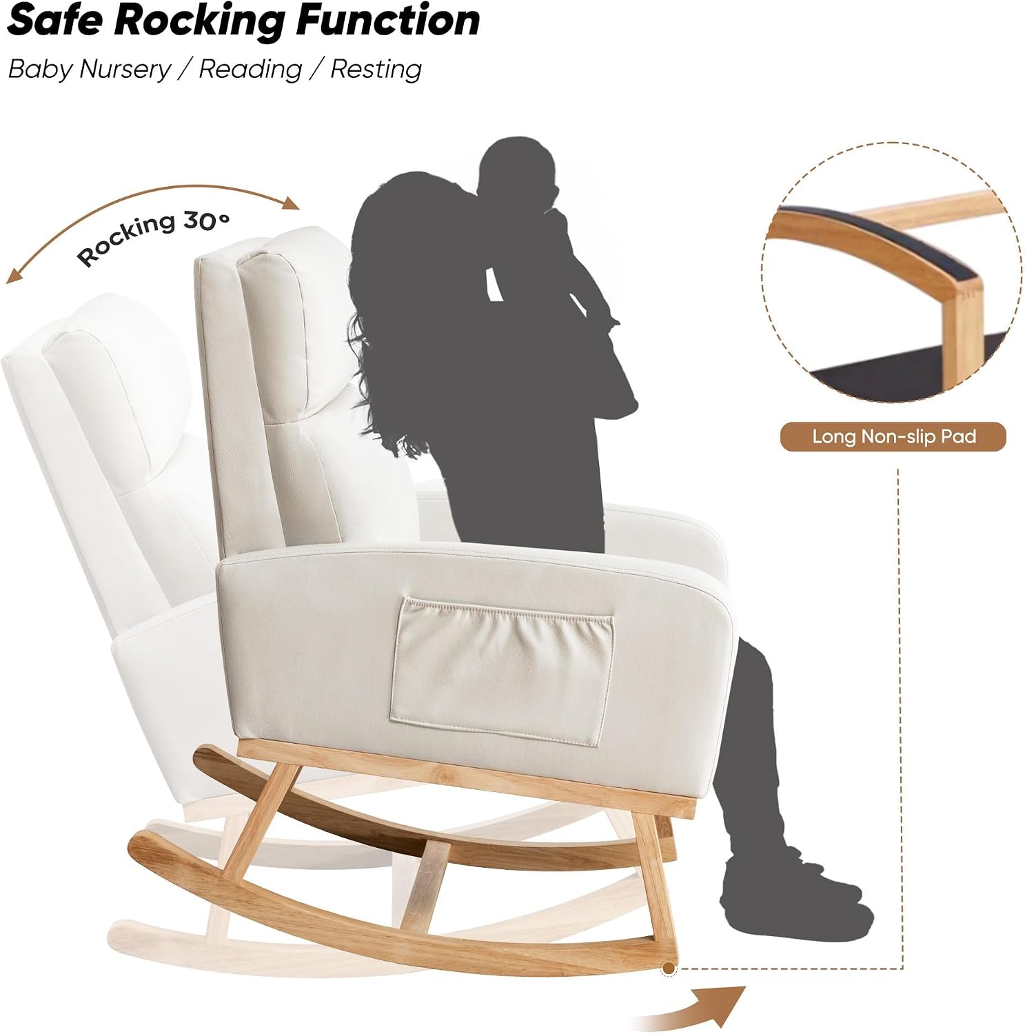 HCHAIRH Rocking Chair Nursery, Modern Nursing Glider Rocking Chairs Comfy Rocker Armchair with Solid Wood Legs for Nursery Living Room, Bedroom (Pu Beige)