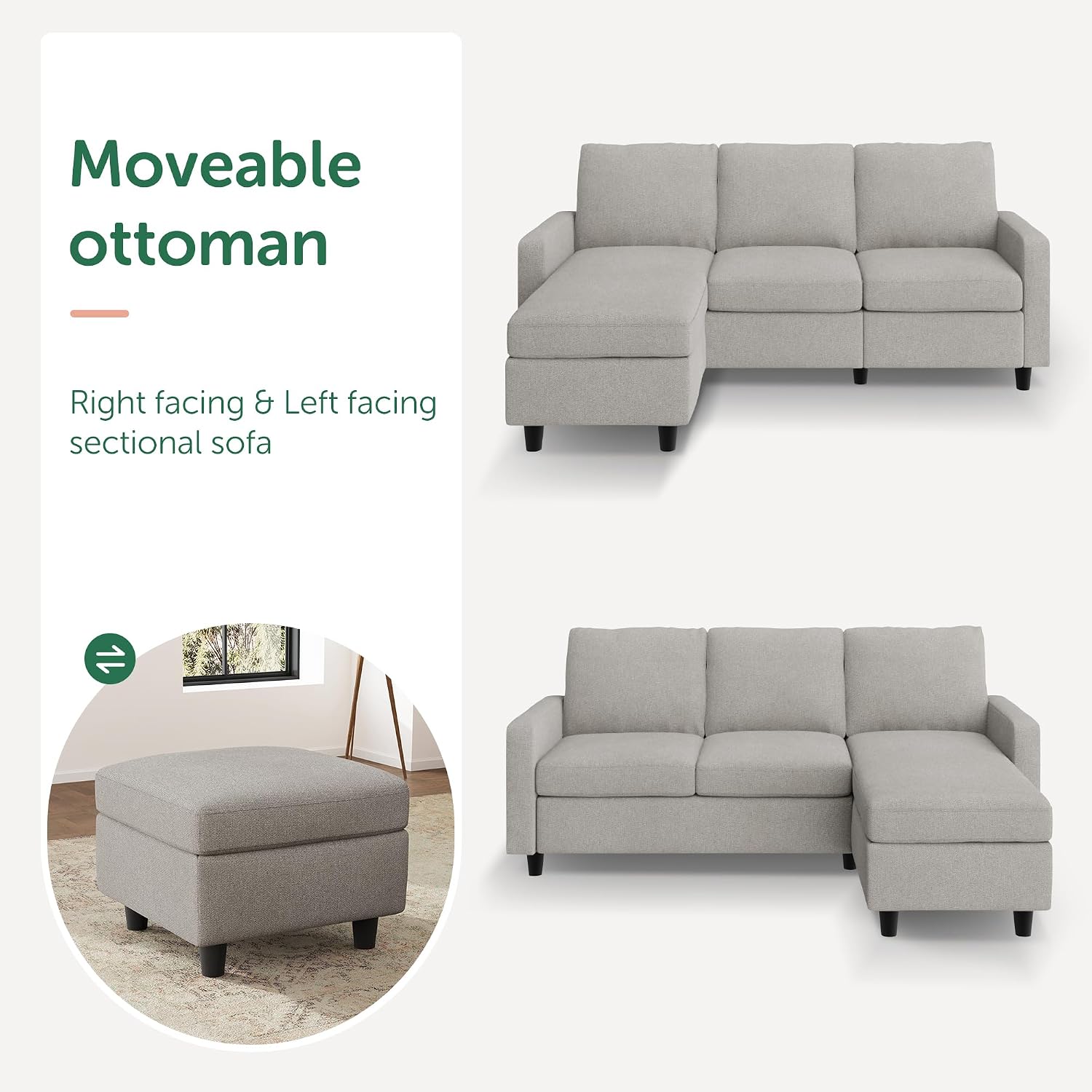 HONBAY Convertible Sectional Sofa, L Shaped Couch with Linen Fabric, Reversible Couch for Small Space, Mid Light Grey