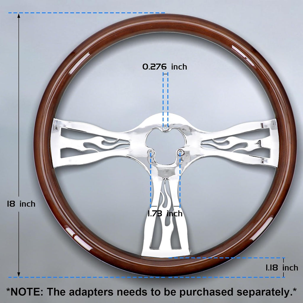 Sorghum 18' Solid Wood Steering Wheel - 3 Spokes Aluminum Chrome Classic Steering Wheel with Horn Button for Trucks Compatible with Mack Kenworth Peterbilt Volvo Freightliner-Flame Designs