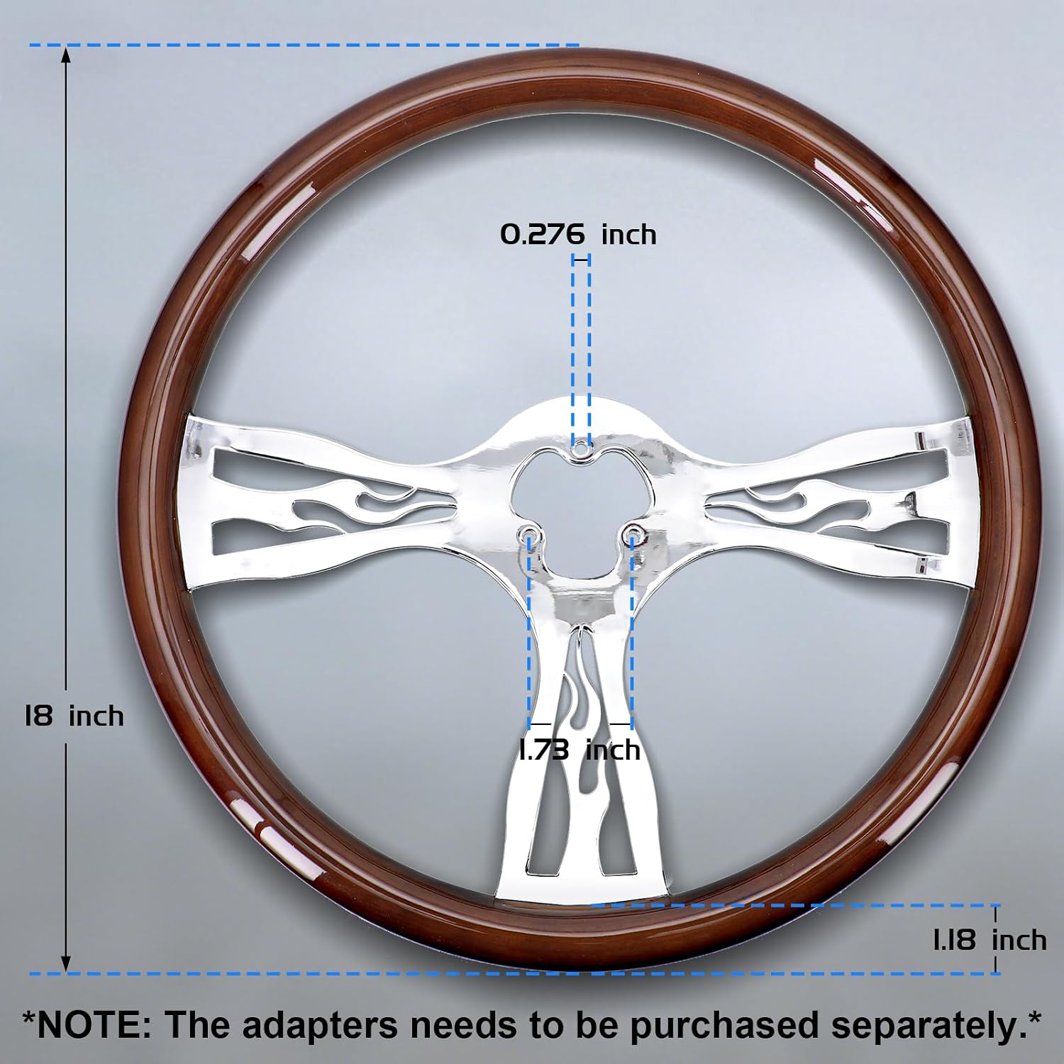 Sorghum 18' Solid Wood Steering Wheel - 3 Spokes Aluminum Chrome Classic Steering Wheel with Horn Button for Trucks Compatible with Mack Kenworth Peterbilt Volvo Freightliner-Flame Designs