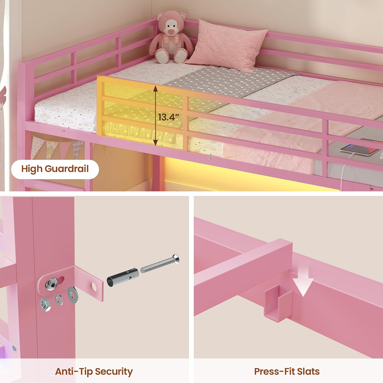 ADORNEVE Low Bunk Bed Twin Over Twin with Bookshelf, 4 Storage Drawers, Metal Kids Bunk Bed with Charging Station & RGB Lights, Clothing Rack & Shelves, Safety Guardrail & Ladder, for Girls, Pink