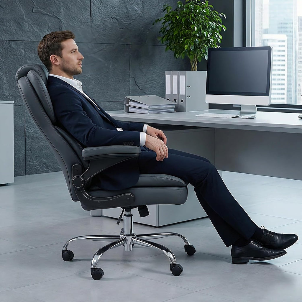 Office Desk Chair, Executive Leather Office Chair, High Back Ergonomic Home Desk Chair with Padded Flip-up Arms, Big and Tall Computer Chair with Rocking Function, 360°Swivel Free, Gray
