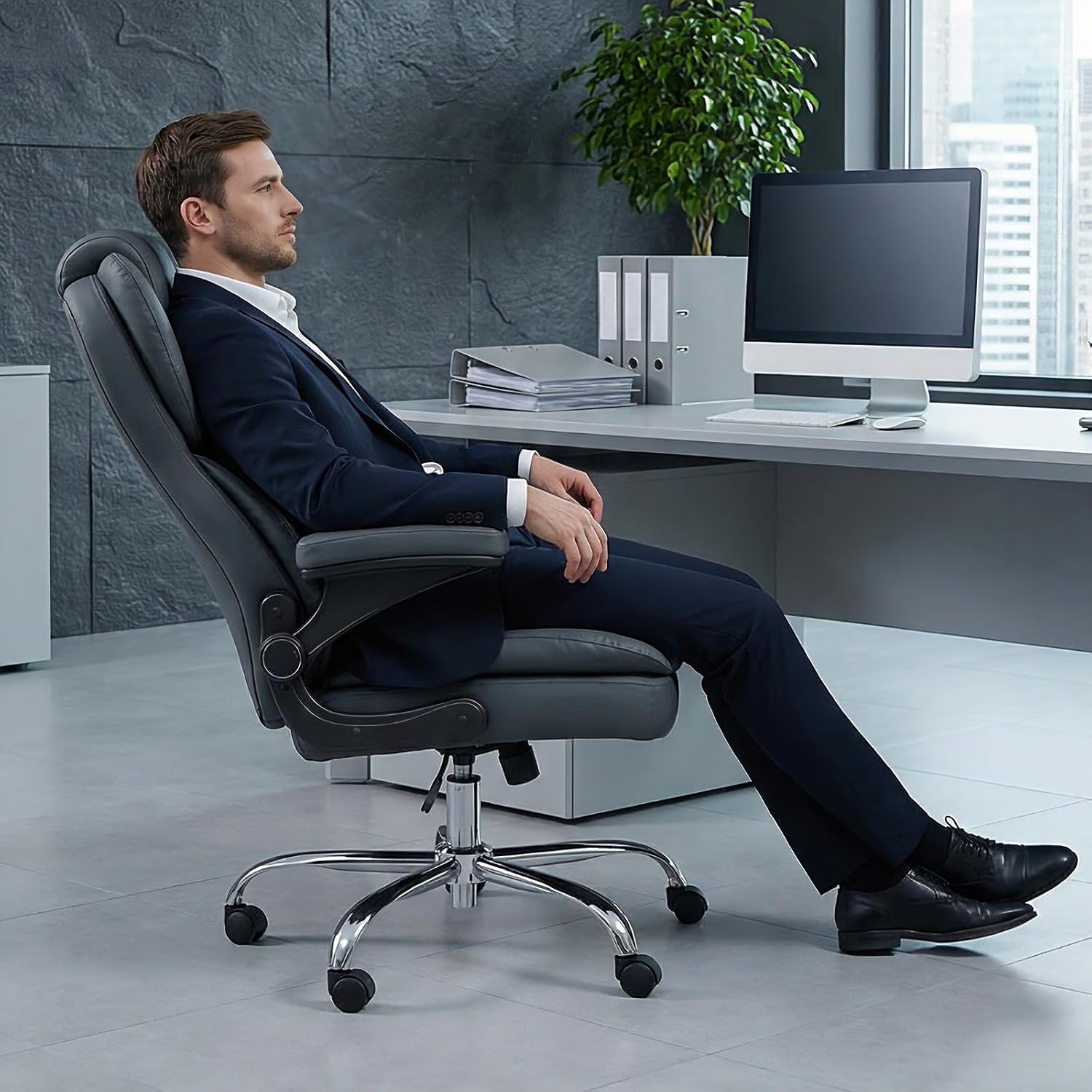 Office Desk Chair, Executive Leather Office Chair, High Back Ergonomic Home Desk Chair with Padded Flip-up Arms, Big and Tall Computer Chair with Rocking Function, 360°Swivel Free, Gray