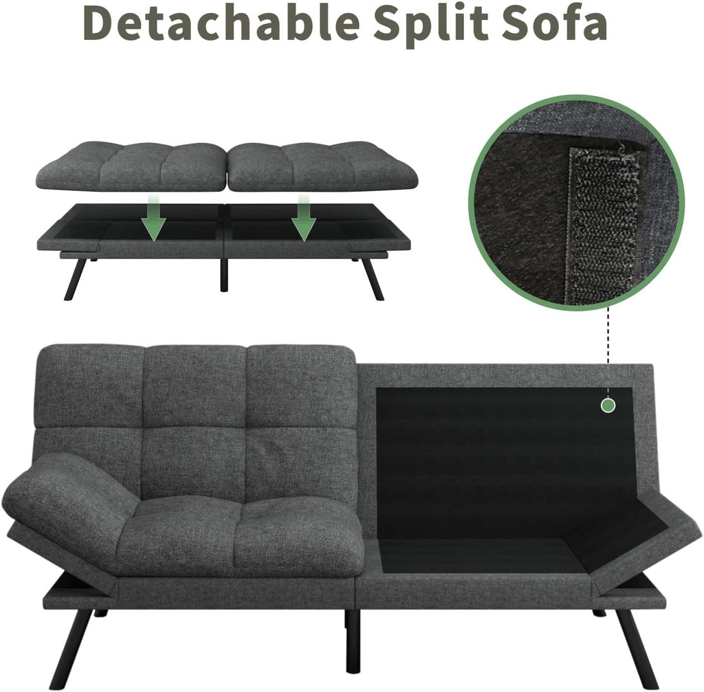 MUUEGM 71-Inch Futon Sofa Bed, Convertible Loveseat Sleeper | Elegant Dark Gray Linen | Adjustable Couch for Office, Apartment & Guests