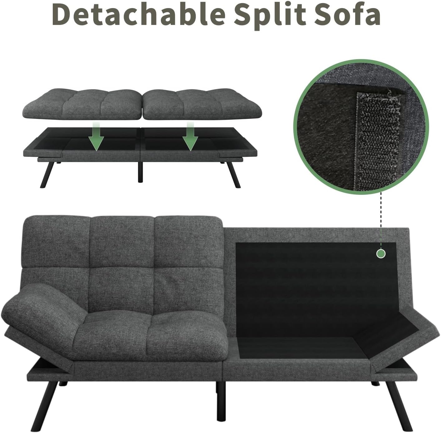 MUUEGM 71-Inch Futon Sofa Bed, Convertible Loveseat Sleeper | Elegant Dark Gray Linen | Adjustable Couch for Office, Apartment & Guests