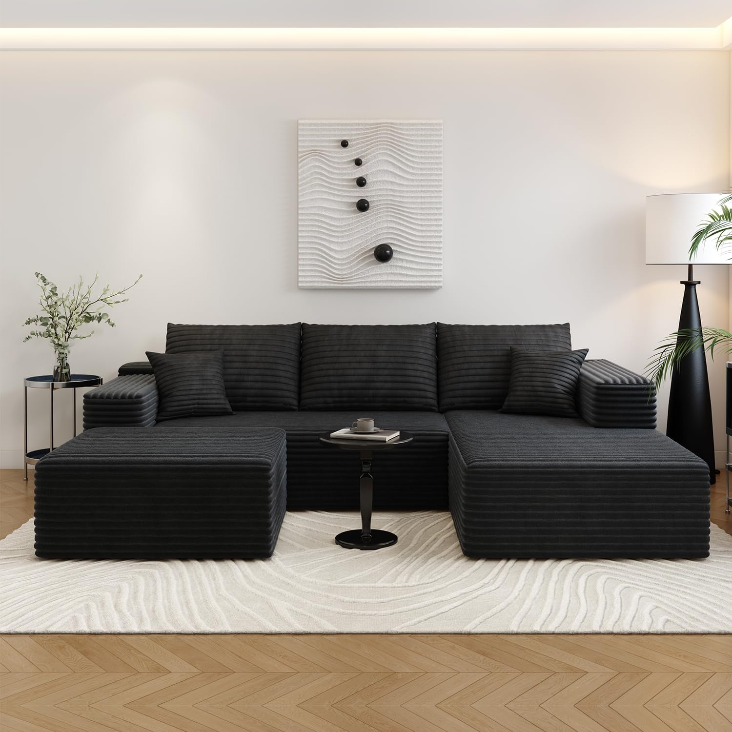 107.5' Cloud Sectional Couch with 1 Ottoman,Modern Modular Sofa with Deep Seat, Comfort U Shaped Sofa Couches for Living Room Bedroom Apartments,No Assembly Required, (Black,Right Facing Chaise)