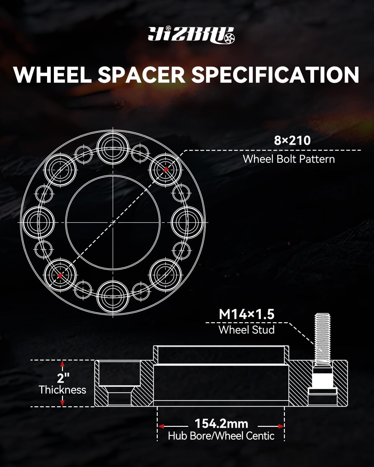 YIZBAP 2PCS 8x210 Hubcentric Wheel Spacers, 2 inch 8x210mm Wheel Spacers 154.2mm Hub Bore with M14x1.5 Thread Pitch for Front Wheels 2011-2023 Silverado 3500 HD Sierra 3500 HD Dually Front Only