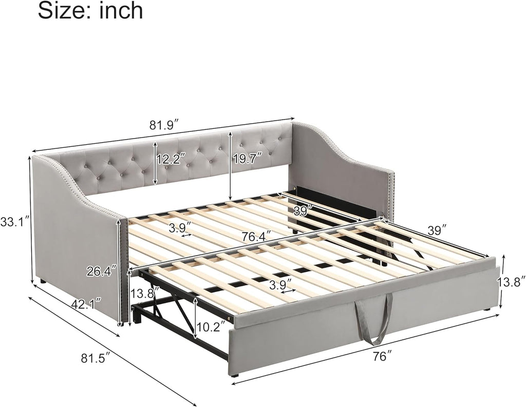 Merax Twin Size Upholstered Velvet Daybed with Pop Up Trundle, Multi-Functional Sofa Bed with Backrest and Two Armrest for Kids Room, Guest Room, Living Room,Gray