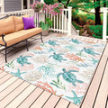 Teal Red Coastal Outdoor Rug for Patio/Deck/Porch, Non-Slip Large Area Rug 4 x 6 Ft, Beach Nautical Sea Turtle Coral Starfish Indoor Outdoor Rugs Washable Area Rugs, Camping Rug Carpet Runner