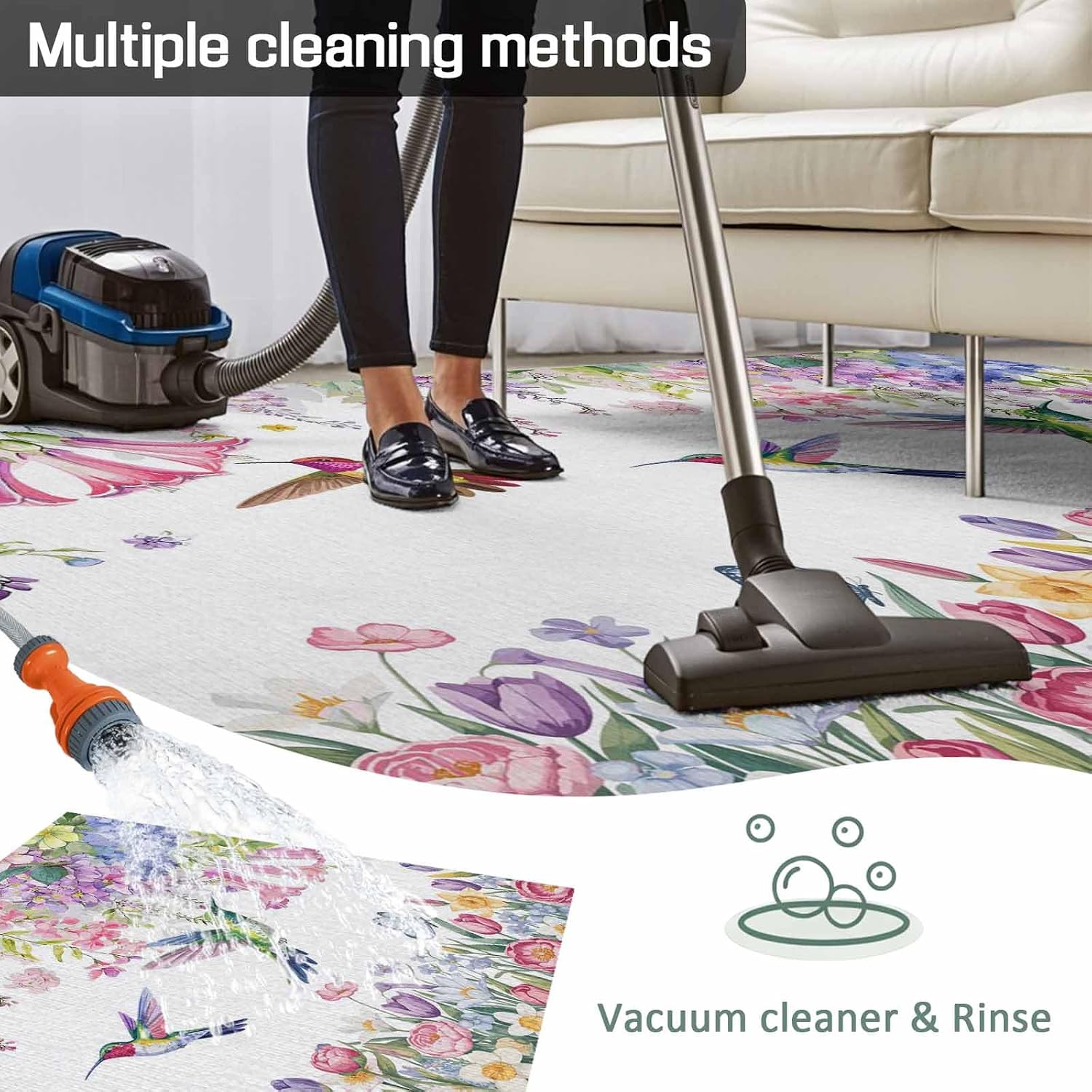 Watercolor Flowers Outdoor Rug for Patio/Deck/Porch, Non-Slip Large Area Rug 4 x 6 Ft, Spring Hummingbird Butterflly Floral Indoor Outdoor Rugs Washable Area Rugs, Reversible Camping Rug Carpet Runner