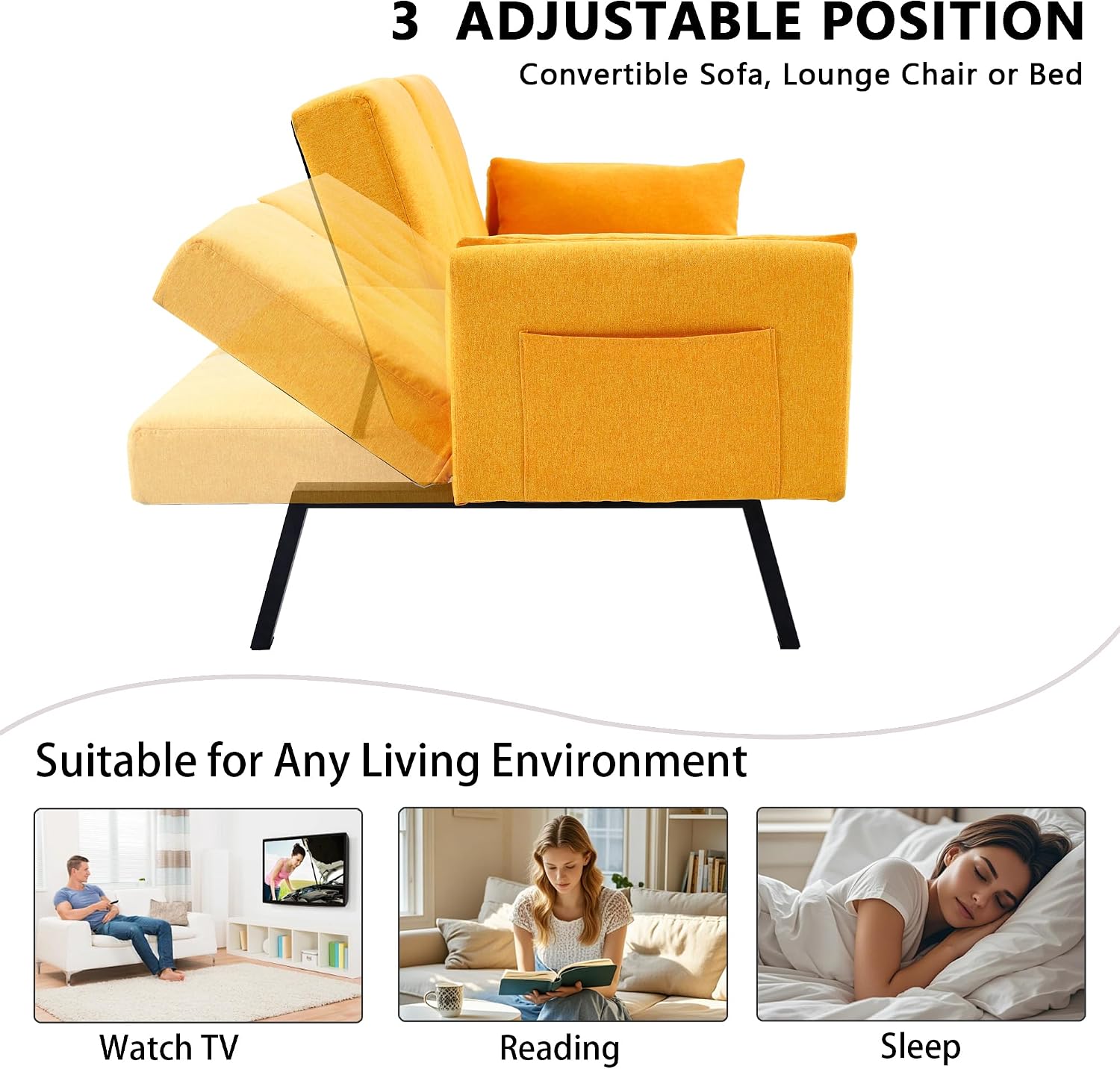 70' Futon Sofa with Cupholders,Adjustable Backrest Cotton Linen with Cup Holders and 2 Throw Pillows Sleeper Sofa for Living Room Apartment Small Space (Pumpkin Yellow)