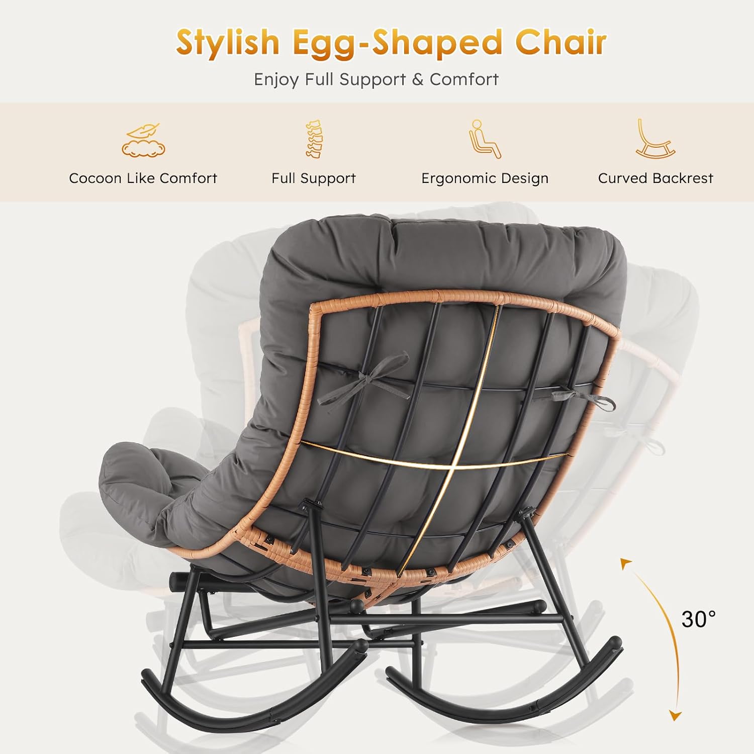 IDEALHOSUE Papasan Rocking Chair with Foot Rest, Ergonomic Papasan Chair with Thick Waterproof Cushion, Metal Frame & PE Rattan Lounge Chairs for Living Room Bedroom Relaxation Space