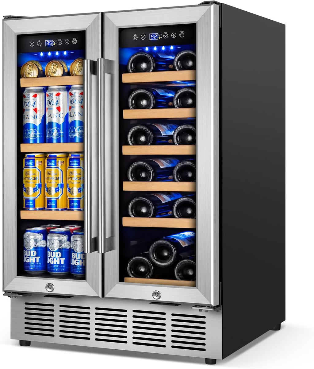 FoMup Wine and Beverage Refrigerator with Glass Door, 24-Inch Dual Zone Wine Fridge Under Counter - 18 Bottle and 88 Can Large Capacity Led Blue Light Smart Fast Cooling Wine Cooler
