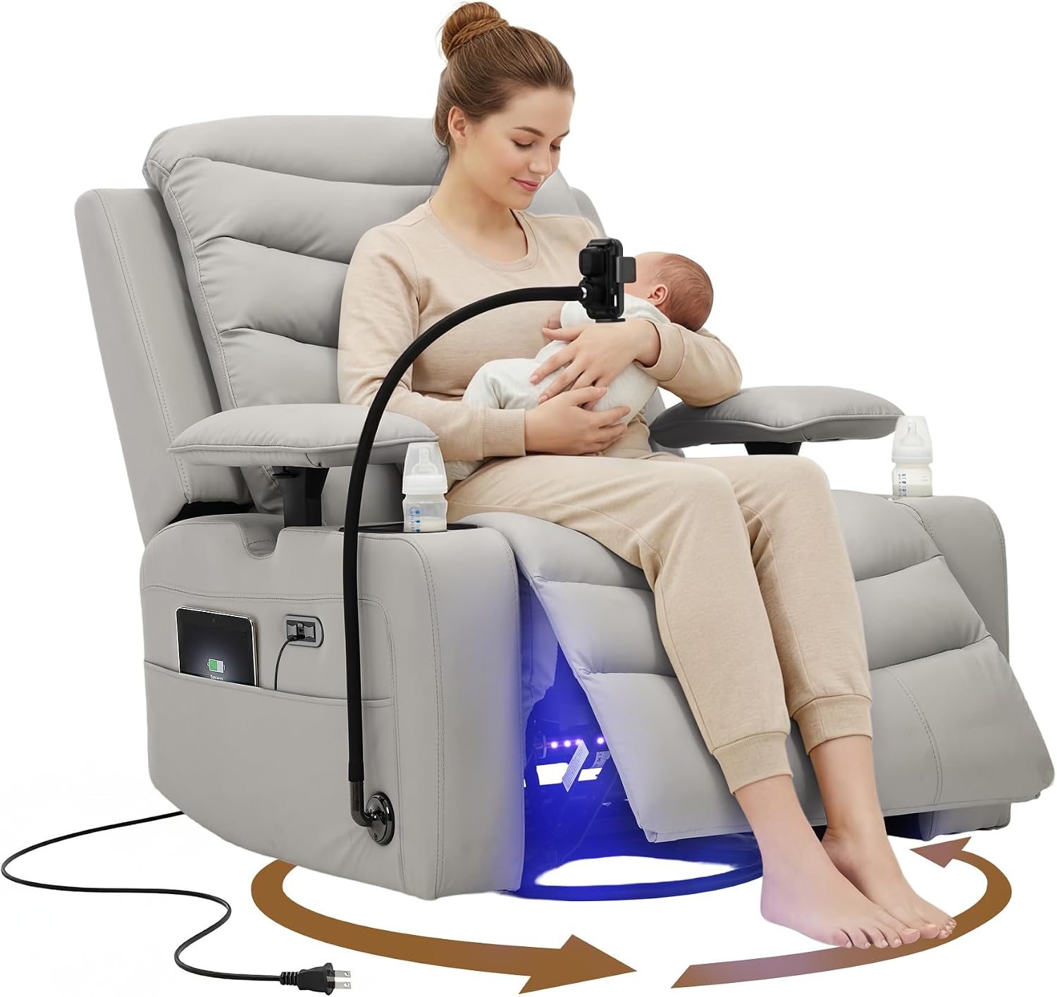 Olela Power Glider Recliner Nursery Chair, PU Leather Swivel Rocking Chair with Electric Lumbar Support, USB Charging, Smart Cup Holder, Light, Adjustable Armrest, Wireless Phone Charger Holder