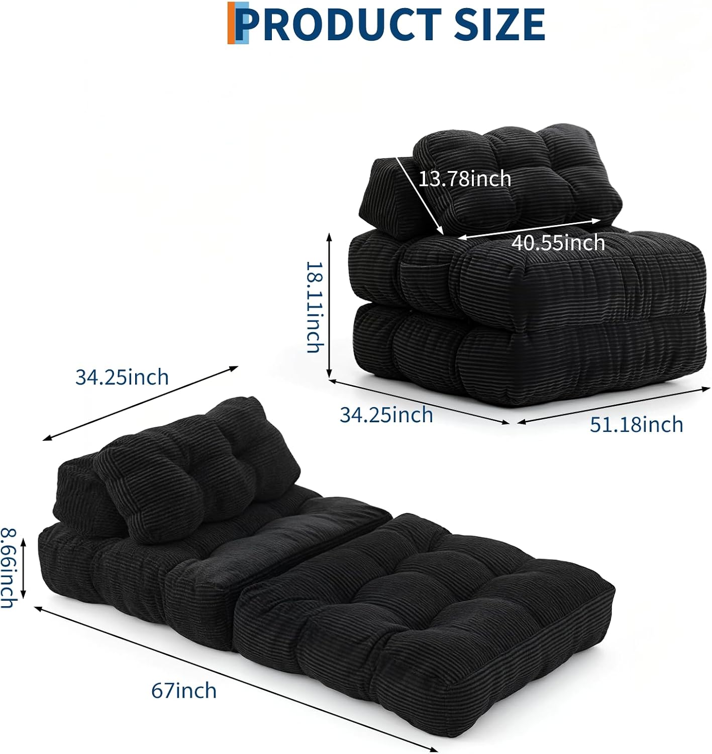 Garvee Folding Sofa Bed, Convertible Sleeper Chair with Pillow Foldable Mattress with Back Support, Boneless Fold Out Chair Bed Comfy Floor Sofa Lounge for Living Room, Bedroom, Black, Single