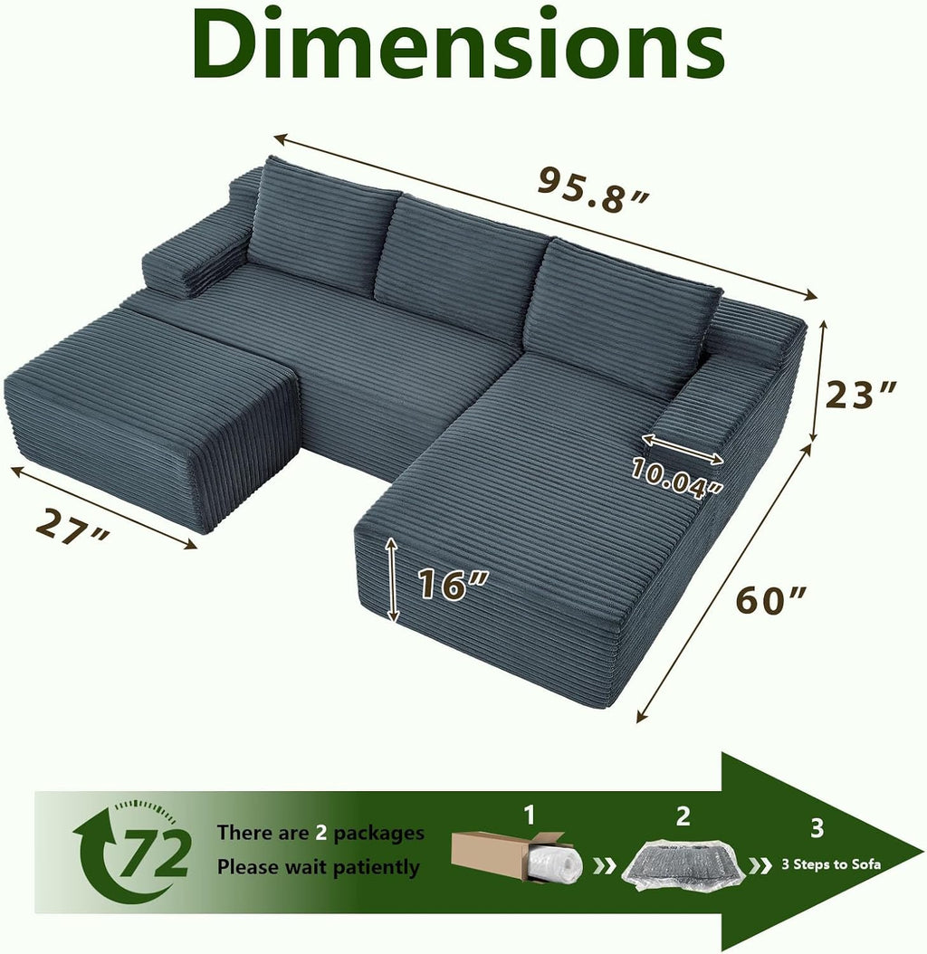 96.1' Modular Sectional Sofa with Ottoman, Modern Corduroy Cloud Couch, Boneless Couch Upholstered 3-Seater U-Shaped Sofa for Living Room, No Assembly (Dark Grey, Right-Facing Chaise)