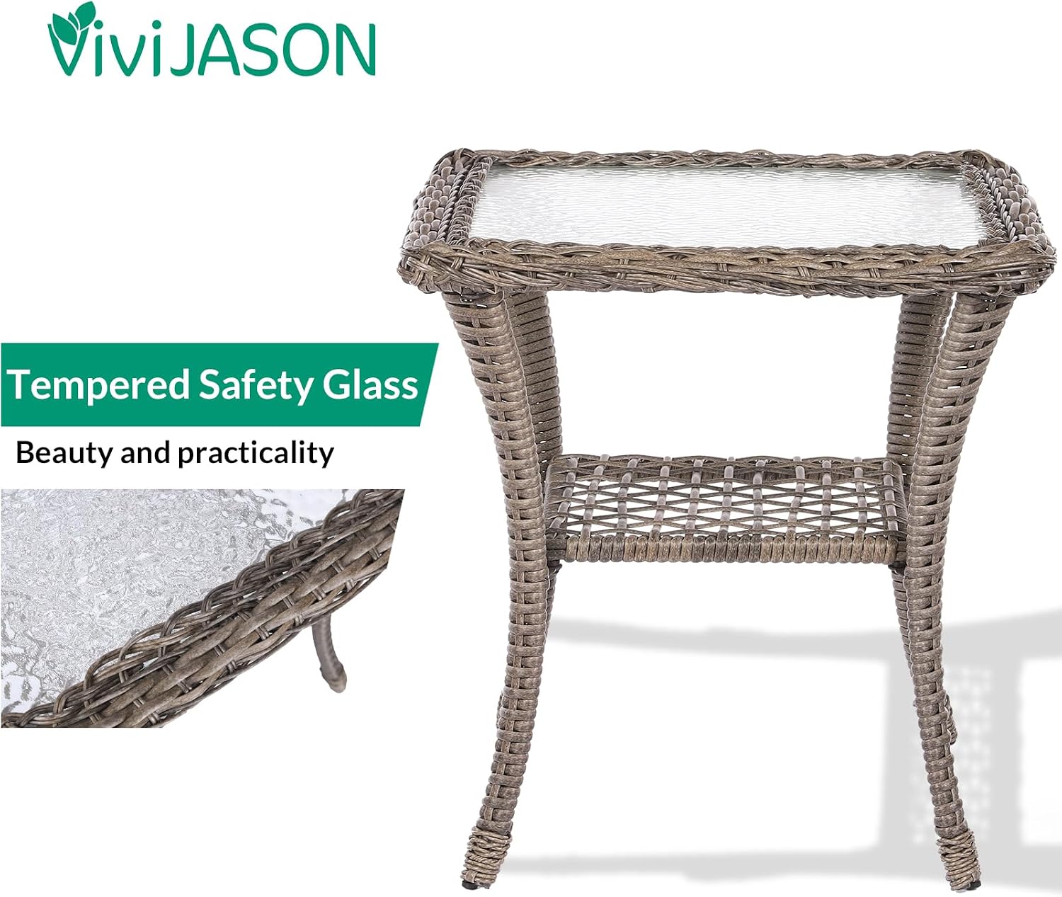 VIVIJASON 3-Piece Outdoor Patio Furniture Set, Outdoor Wicker Glider Rocking Chairs Rattan Conversation Bistro Sets w/ 2 Rattan Cushioned Chairs and Glass Top Side Table for Porch Backyard, Grey